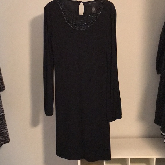 EUC “INC” BLACK COCKTAIL DRESS. EMBELLISHED NECKLINE LONG SLEEVES W/ELASTIC HEM - Picture 2 of 7